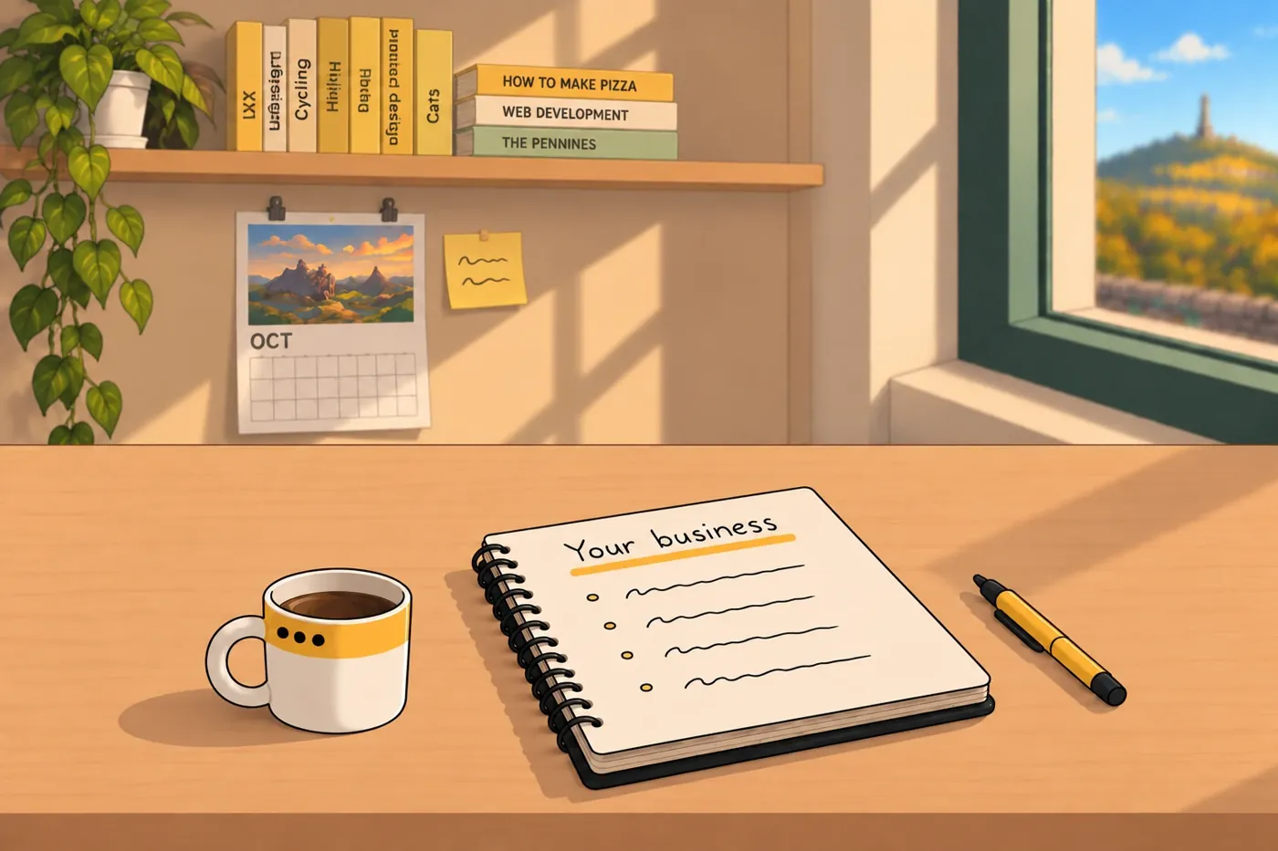 A notebook headed "Your business" next to a mug of tea, a shelf of books and the moors through the window